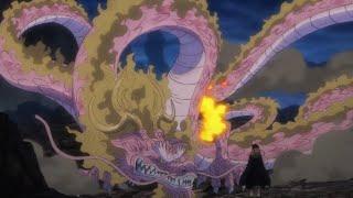 Momonosuke use his devil fruit to transform into his adult Dragon form
