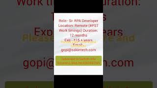 Hiring Sr. RPA Developer #rpadeveloper #testingjobs