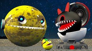 MR PACMAN VS CARTOON CAT VS YELLOW ROBOT PACMAN VS POKEMON BALL TRANSFIGURATION