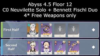 Genshin Impact Abyss 4.5 | F2P C0 Neuvilette Solo + Bennett Fischl Duo | 4* Free Weapons only