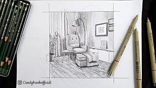 Drawing A Reading Corner in A Living Room In Two Point Perspective | Timelapse