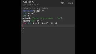 c program to print multiplication table using for loop #youtubeshorts