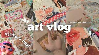 ART VLOG  stickers haul, starting a new sketchbook, chill drawing till coloring process