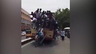 Startling video of Chennai college students falling off roof of moving bus