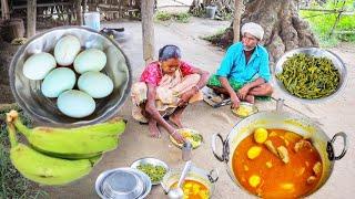 DUCK EGG CURRY with RAW BANANA and vegetable fry cooking&eating by our santali grand maa