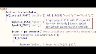 Login page in PHP with PostgreSQL function to verify | Save crypted passwords using hashing and salt