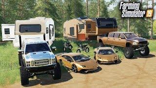 FS19- MILLIONAIRES GO LUXURY CAMPING! WITH A LAMBORGHINI & $90,000 RAM MEGA CAB, FORD SUPER SIX