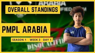 PMPL Arabia | overall standings | S1 W3 D1 | pubg mobile | hacker got banned  | MJ top fragger