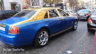 Gold and Blue Rolls Royce Ghost - 458 Ferrari acceleration at the Champs Elysées