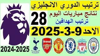 ترتيب الدوري الانجليزي وترتيب الهدافين الجولة 28 الاحد 9-3-2025 - تعادل ارسنال و تعادل مان يونايتد