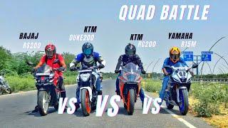 Ktm Duke 200 Bs6 Vs Yamaha R15M Vs 2022 Ktm Rc200 Vs Bajaj Rs200 Quad Battle | 155cc vs 200cc