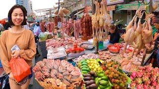 Cambodian street food - Walk Tuol Tompoung market Yummy fresh fruit, pork, chiken & more
