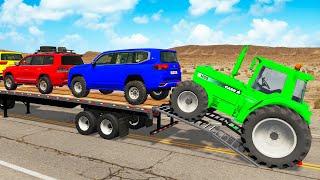 Double Flatbed Trailer Truck vs Speedbumps Train vs Cars | Tractor vs Train Beamng.Drive #0