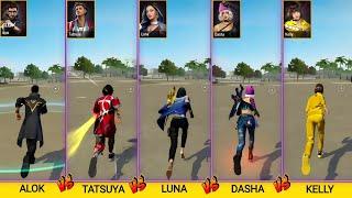 ALOK VS TATSUYA VS LUNA VS DASHA VS KELLY SPEED ABILITY TEST FREE FIRE