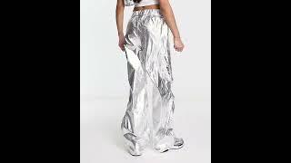 MONKI Shiny Cargo Trousers Baggy Pants Silver Wetlook Metallic Women | Asos