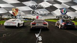 Alfa Romeo Giulia Quadrifoglio vs Audi R8 V10 vs Porsche Carrera GTS - Drag Race