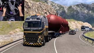 Volvo FH16 hauling 70t cargo up a mountain - Euro Truck Simulator 2 with steering wheel