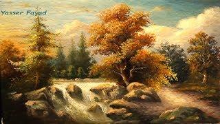 Oil Painting Landscape With Waterfall By Yasser Fayad