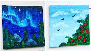 2 Easy Mini Canvas Painting  || Step By Step for beginners || Easy night and day scenery || #art