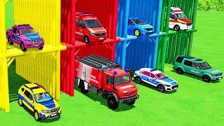 CARS OF COLORS ! POLICE CARS , AMBULANCE , FIRE DEPARTMENT , MINIBUS TRANSPORT WITH TRUCKS ! FS22