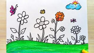 How to draw flower garden | Flower Garden drawing step by step | Spring season flower garden drawing