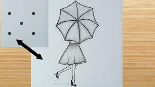 5 बिंदु se ladki ka chitra aasani se banayen || 6 points to girl with umbrella pencil drawing चित्र