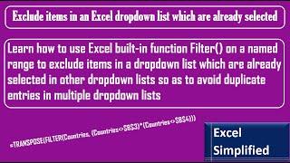 Exclude items in an Excel dropdown list which are already selected using FILTER function