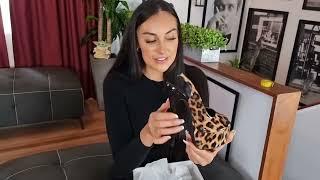 Ashley Unboxes Cheetah Print 7 Inch High Heel Platform Shoes With Open Toe And Sling Back