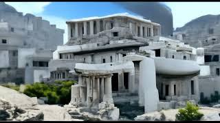 "Hyper realistic ancient Greek city with futuristic architecture, drone photography, 8k octane rende