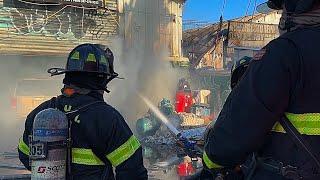 FDNY BOX 9308 ~ FDNY BATTLING A 3RD ALARM FIRE IN SEVERAL AUTO REPAIR SHOPS ON 36TH AVENUE IN QUEENS