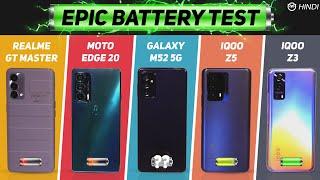 Samsung M52 5G vs iQOO Z5, Moto Edge 20, Realme GT Master Battery Drain Test | Charging | Gaming