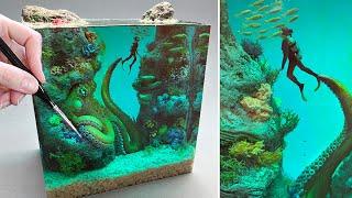 GIANT OCTOPUS Stalks Diver! Diorama, Resin Art, Polymer Clay