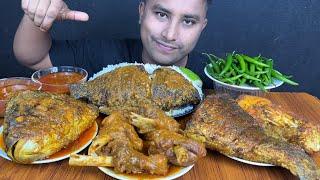 EATING BIG FISH HEAD CURRY ,MUTTON CURRY ,WHOLE FISH CURRY ,CHILLES & RICE | MUTTON CURRY EATING