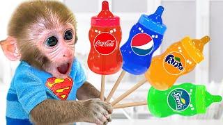 Monkey Baby Bon Bon goes shark fishing and eats milk bottle jelly with ducklings in the garden