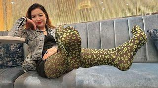  Leopard Print Tights Review! Nylons Stockings Pantyhose Feet Soles Toes Shoeplay Shoeplay