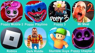 Poppy Playtime 1, poppy Mobile 2-3, Poppy 3, Mr Meat, Roblox, Dark Riddle, Poppy Playtime Chapter 2