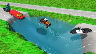 Cars VS Massive Deep Water River Pit - Police Cars Rescue - BeamNG.Drive