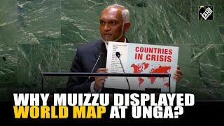 Maldives President Md Muizzu displays a global map highlighting countries in crisis at UNGA