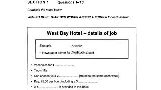 WEST BAY HOTEL DETAILS OF JOB | IELTS LISTENING TEST WITH ANSWERS