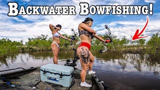 Bowfishing HIGH FLOODED BACKWATERS For BIG FEEDING FISH!!! (River Season Kickoff!!)