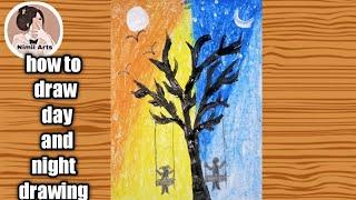 How to draw day and night secenery drawing||#oilpastels||#Nimii arts