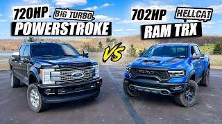 720hp 6.7 Powerstroke vs 700hp RAM TRX HELLCAT - CARNAGE BATTLE