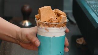 달고나 라떼 / honeycomb toffee milk latte (sugar candy coffee , dalgona) - korean street food