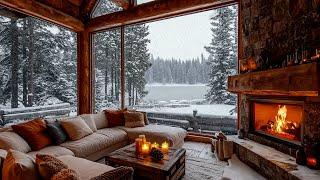 Soft Piano Music with Cozy Fireplace & Snowfall on Winter Day in Warm Living Room Ambience ️