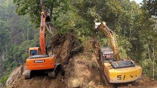 Scary Job of JCB, Doosan, and Sany Excavators Felling Trees for Mountain Road Construction