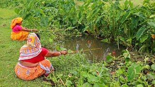 Fishing Video || Village lady likes to catch fish using hook || Traditional hook fishing 2024