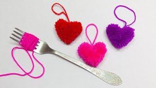 How to Make Yarn Heart️ Easy Pom Pom #heart Making Idea with Fork ️ Amazing Valentine's Day Crafts