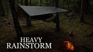 OVERNIGHT IN THUNDERSTORM- Tarp Shelter, Heavy Rainstorm, DD Hammock, Solo Bushcraft Camp | ASMR