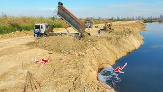 Amazing!!!New road collapse repaired by bulldozer Komatsu D53 & Dump Truck 25t Pushing Soil