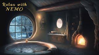 Cozy Hobbit SPA on a Winter Night - Intense Snowfall, Warm Fireplace & Hot Tub Water Sounds / Sleep